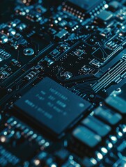 Close up of a circuit board with chips and integrated circuits, symbolizing the technological advancement in electronics and computing.
