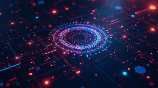 A multicolored structural design of a glitch in the matrix with hidden symbols and codes that glow or emit light and a sense of depth