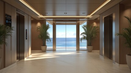 Obraz premium Observation elevator interior in a luxury resort fully transparent glass walls with a panoramic ocean view high-quality non-slip flooring ergonomic seating 