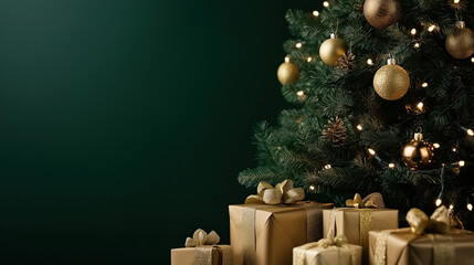 Classic Christmas tree with glowing gold decorations and neatly arranged gifts at the base