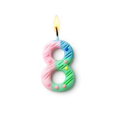 Happy Birthday burning candle in the form of number 8  isolated on white  background