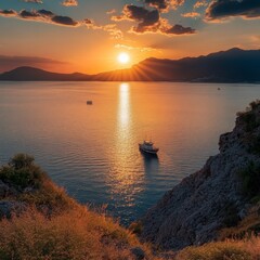 Naklejka premium Sunset Over Tranquil Water with Silhouetted Hills