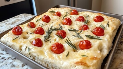 Freshly Baked Focaccia Bread Topped with Cherry Tomatoes and Rosemary Sprigs