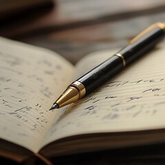 Fototapeta premium Close-up of a pen resting on an open notebook filled with handwritten notes. (1)