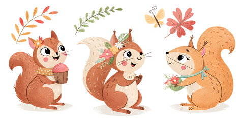 Obraz premium cute squirrel watercolor sketch illustration