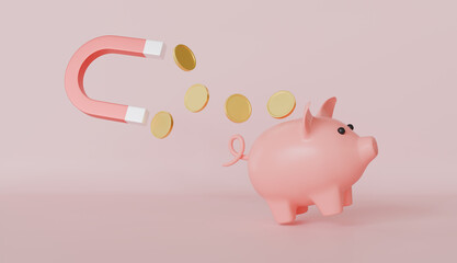 Magnet attracts money coins from the piggy bank, attracting, Savings withdrawal, investment and financial growth concept