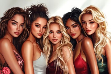 Obraz premium Cartoon style illustration of beautiful women posing in vector art with pencil drawing effect