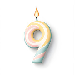 Happy Birthday burning candle in the form of number 9  isolated on white  background