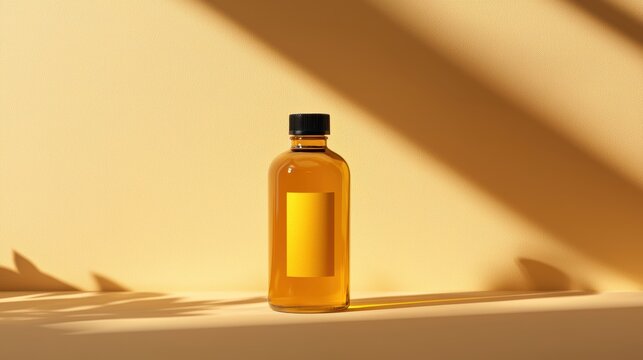 A golden bottle of oil stands on a warm surface, beautifully illuminated by soft shadows, creating a serene and inviting atmosphere.