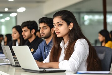 Fototapeta premium A focused group of young adults seated at laptops, engaging in a learning environment, showcasing collaboration and concentration.