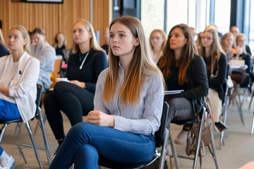 Obraz premium A group of young people attentively listening during a presentation, with a focus on one girl in the foreground.
