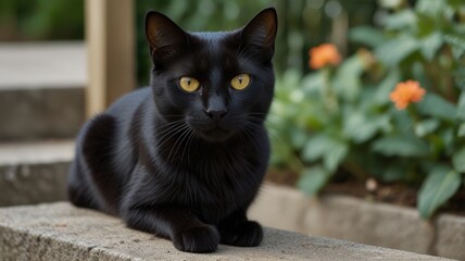 Black cat sitting outdoors, looking at camera.
