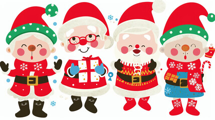 Mrs claus christmas characters set design. Christmas mrs claus character collection in cute singing, holding gift box and happy face smiling
