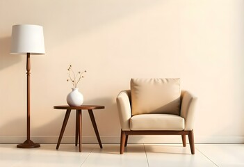 A modern living room with a beige armchair, a wooden side table, and a neutral-colored wall