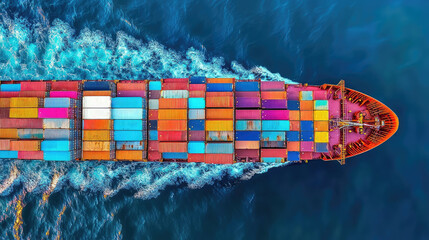 A large container ship with vibrant containers sails through vast blue waters, showcasing global trade and transportation