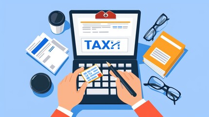 A person is working on a laptop, completing tax-related tasks with documents, a coffee cup, and glasses nearby, showcasing a productive workspace.
