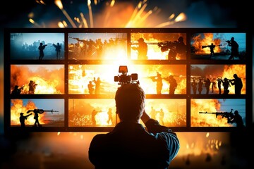 War Footage Editor Reviewing Dramatic Scenes