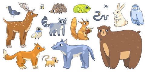 Forest animals, set of flat illustrations. Deer, bee, bird, fox, hedgehog, raccoon, wolf, mouse, squirrel, frog, snake, fly, hare, rabbit, owl, bear, starling © Ira