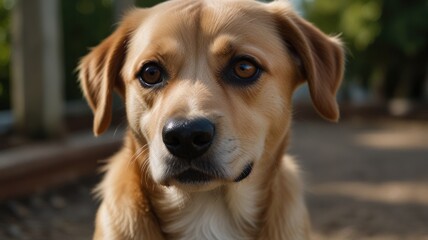 Close-up portrait of a light brown dog outdoors.