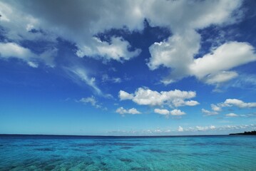 Gran angular de una costa tropical en verano con dia soleado cieloa azul intenso, nubes muy blancas, mar sereno en calma, muy azul, ambiente natural costero