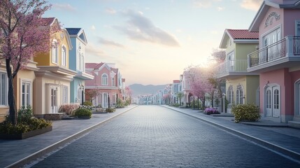 Fototapeta premium A serene street lined with colorful houses and blooming trees under a soft morning light.