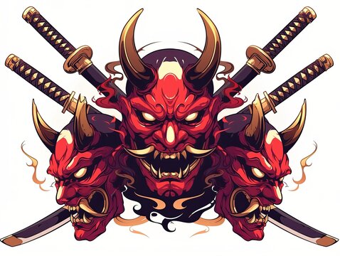 Three red oni masks with crossed katanas.