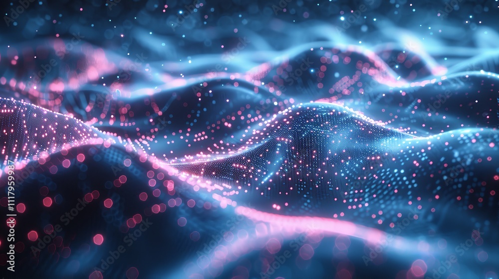 Poster abstract wave with moving dots and lines. flow of particles, technology background.