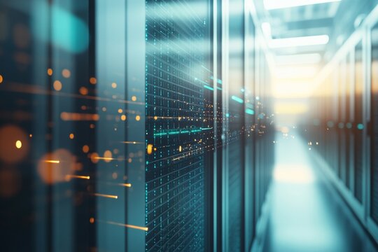 Detailed close up of a data center server rack highlighting advanced cloud computing technology