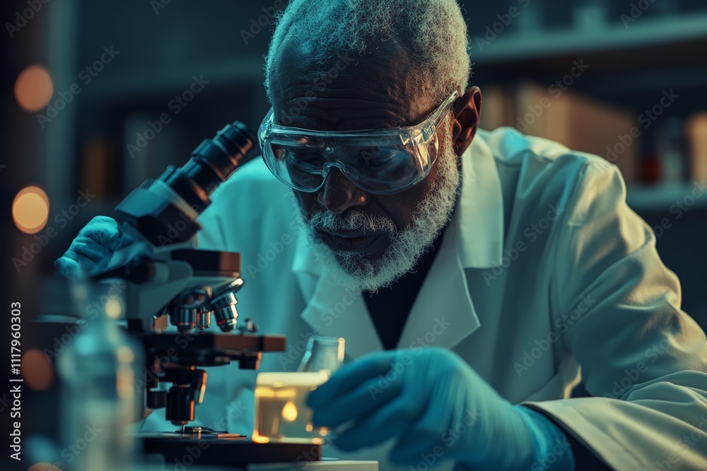 Poster an experienced researcher intensely observes a microscope slide, reflecting the depth of study and a