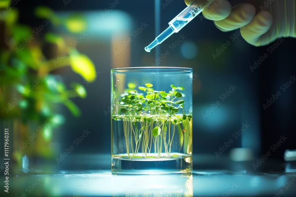 Poster a scientific setup showing a petri dish with growing seedlings, demonstrating the process of plant c