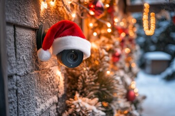 A security camera mounted on a wall, festively adorned with a Santa hat, capturing the holiday spirit while ensuring safety and vigilance in a winter setting.