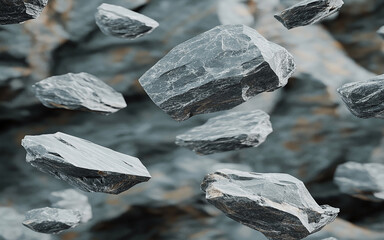 Collection of black stone and rock textures on white background for 3D rendering and design...