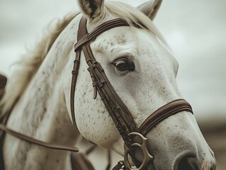 Majestic white horse with saddle and harness, showcasing equestrian attire for a horse riding experience. The animal's beauty is accentuated by the natural setting.
