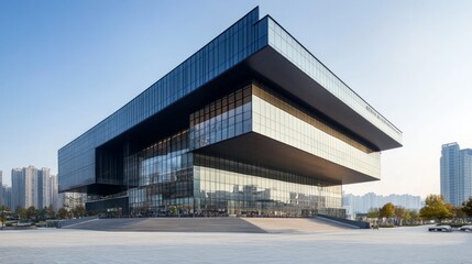Modern glass building exterior, city skyline.