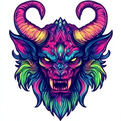 Fototapeta premium Vibrant, fierce mythical beast head with horns and sharp teeth.