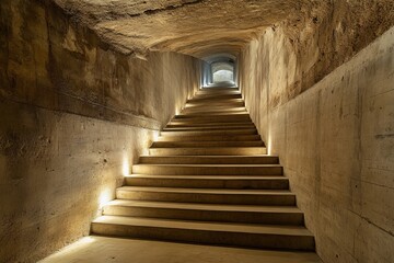 Obraz premium A concrete stairway with ambient lighting leads through an underground, tunnel-like passage, creating an eerie yet intriguing atmosphere in the minimalist design.