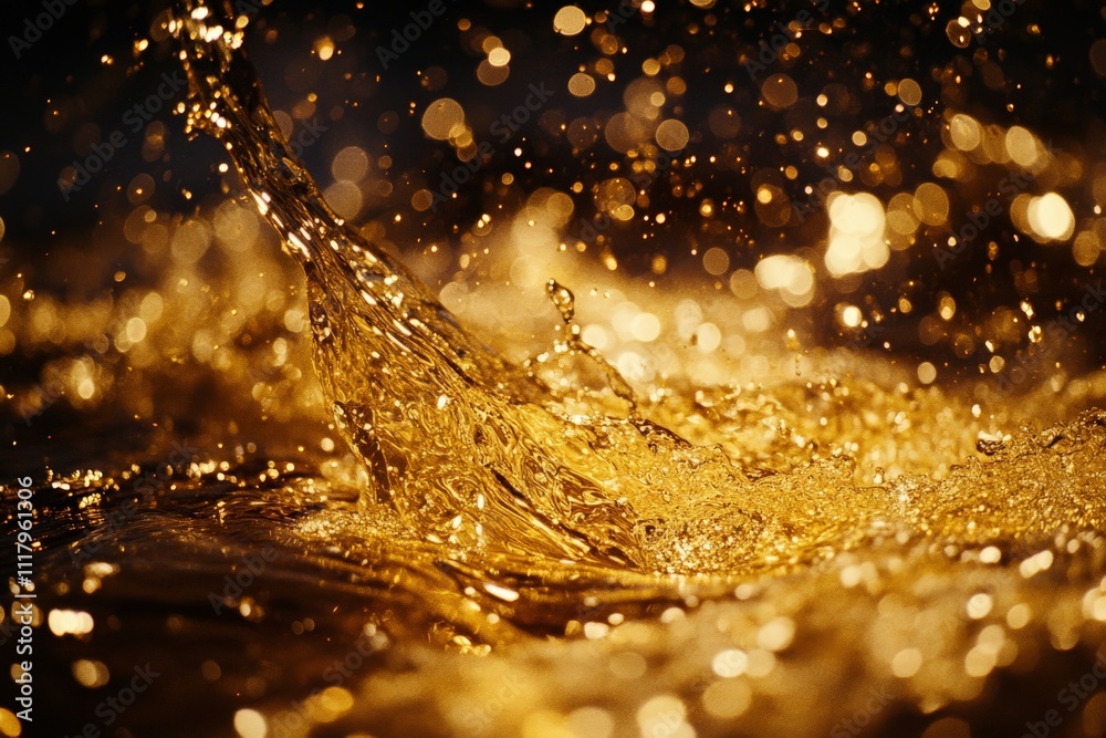 Poster a radiant gold liquid swirls dynamically, creating an enchanting abstract beauty with shimmering lig