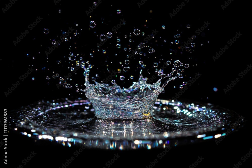 Poster colored water droplets captured in mid-air, creating a vivid and vibrant display that conveys moveme