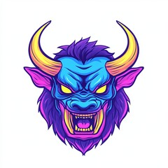 Fototapeta premium Vibrant illustration of a mythical blue beast's head with large horns and sharp teeth, set against a white background.