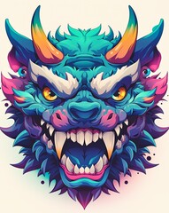 Vibrant illustration of a mythical creature's head, showcasing sharp teeth, horns, and fur in a colorful, stylized design.