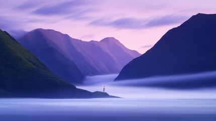 Majestic Purple Dawn Over Misty Mountains with Lighthouse Silhouette