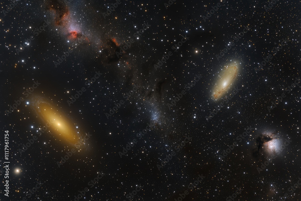 Poster An intricate image capturing several distant galaxies floating in the dark, with delicate clusters and cosmic formations, epitomizing the boundlessness of the universe.