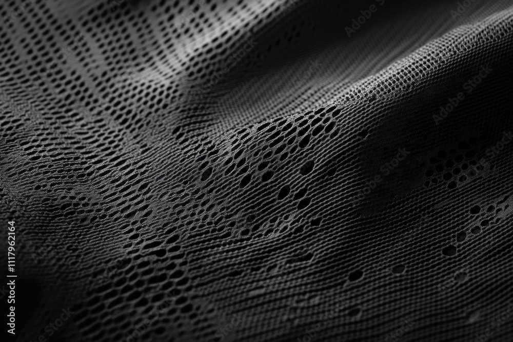 Poster A close-up image of a dark fabric featuring an intricate mesh pattern, illustrating the complexity and artistic design of modern textile art.
