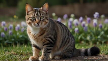 Fototapeta premium Tabby cat sitting in garden, flowers background.
