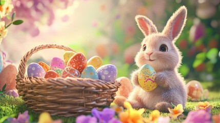 Easter rabbit with basket of colorful eggs, whimsical spring scene with flowers and vibrant colors.