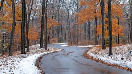 Winding Road Through a Forest with Orange Trees and Snow. AI generated illustration
