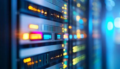 Naklejka premium Illuminated server rack in data center showcasing the backbone of cloud computing technology