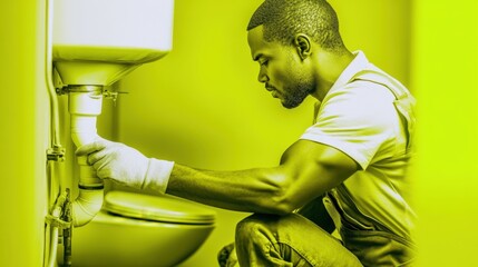 Focused African American Male Plumber Fixing Bathroom Sink Pipe With Precision