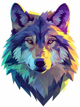 Vibrant polygonal wolf head illustration, colorful low poly art.