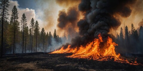 Fototapeta premium Wildfire spreads rapidly through forest during dry summer afternoon